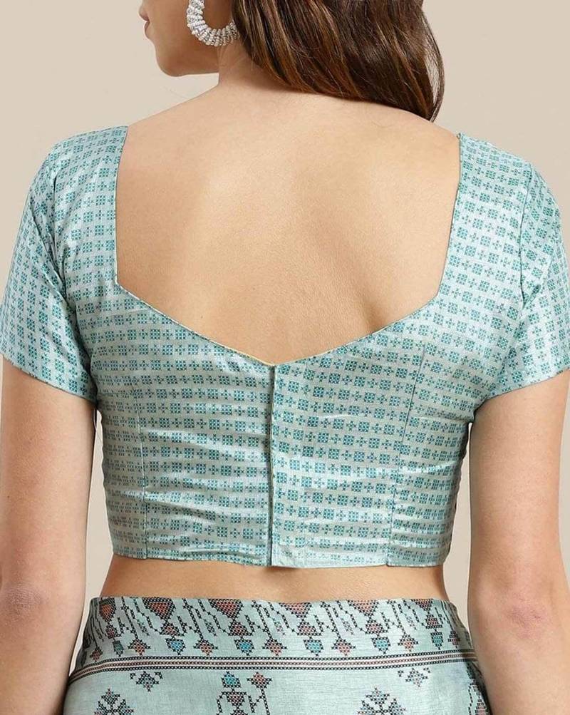 Blue Japan satin print work saree with blouse