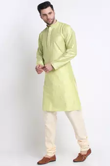 Kraft India Men Green Silk Embroided Sequence Kurta Only