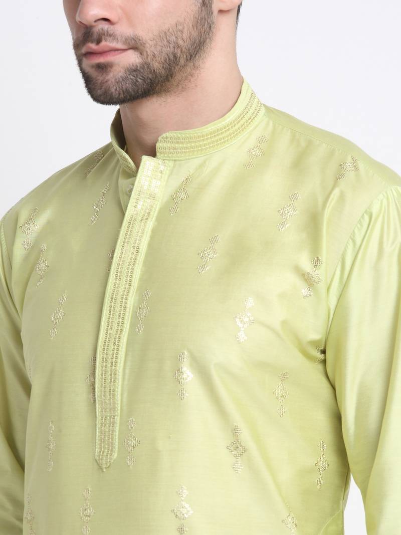 Kraft India Men Green Silk Embroided Sequence Kurta Only