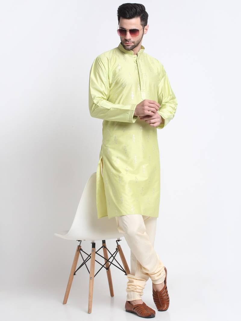 Kraft India Men Green Silk Embroided Sequence Kurta Only
