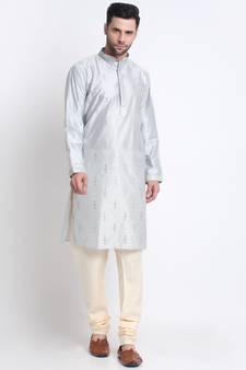 Kraft India Men Grey Silk Embroided Sequence Kurta Only