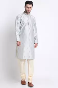 Kraft India Men Grey Silk Embroided Sequence Kurta Only
