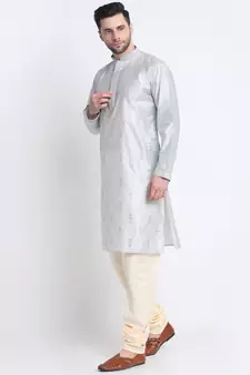Kraft India Men Grey Silk Embroided Sequence Kurta Only