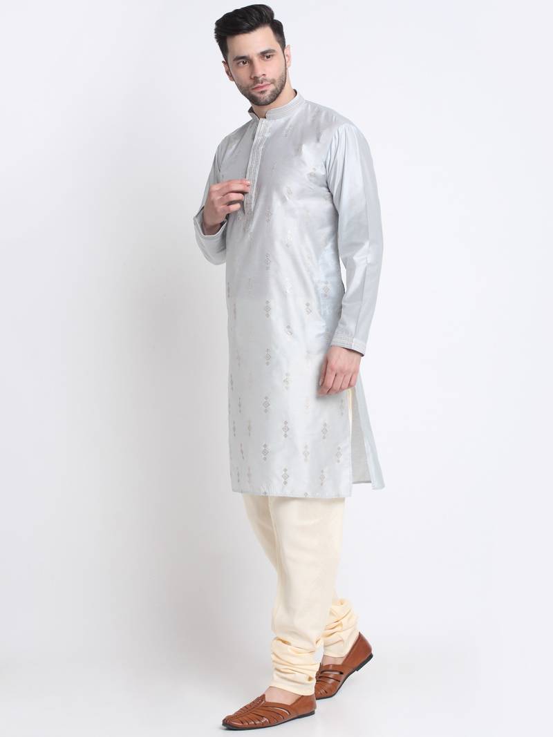 Kraft India Men Grey Silk Embroided Sequence Kurta Only