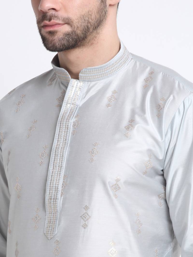 Kraft India Men Grey Silk Embroided Sequence Kurta Only