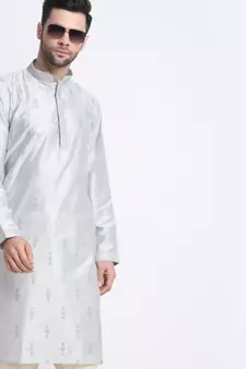 Kraft India Men Grey Silk Embroided Sequence Kurta Only