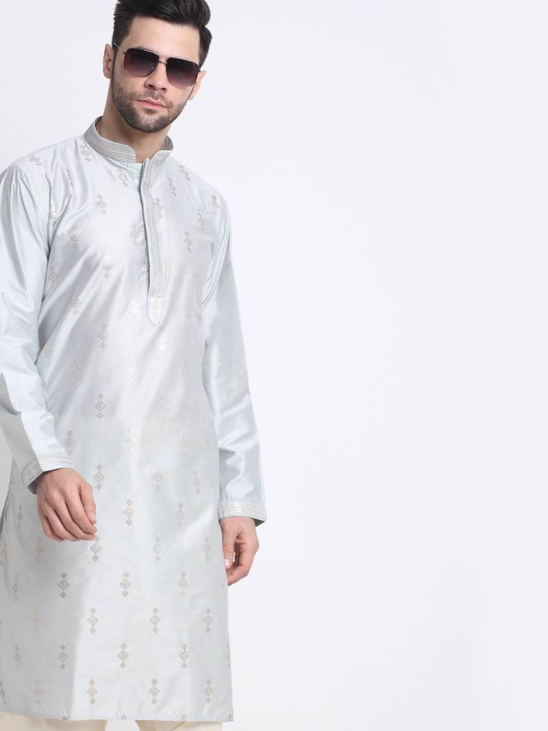 Kraft India Men Grey Silk Embroided Sequence Kurta Only