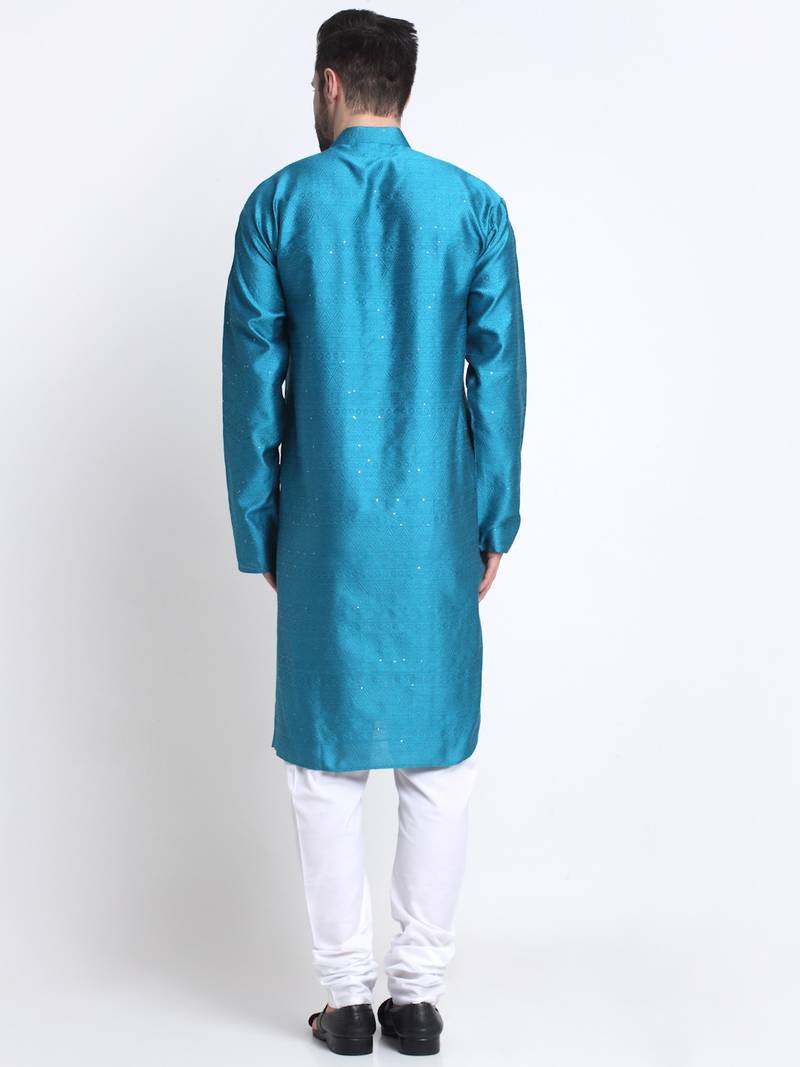 Kraft India Men Blue Silk Jacquard Sequence Kurta Only