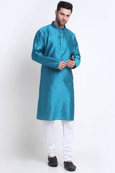 Kraft India Men Blue Silk Jacquard Sequence Kurta Only
