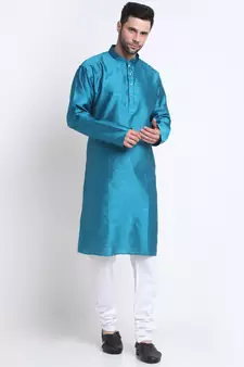 Kraft India Men Blue Silk Jacquard Sequence Kurta Only
