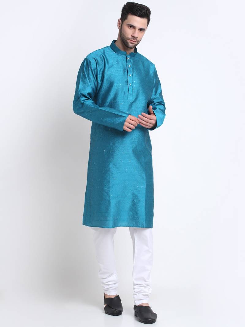 Kraft India Men Blue Silk Jacquard Sequence Kurta Only