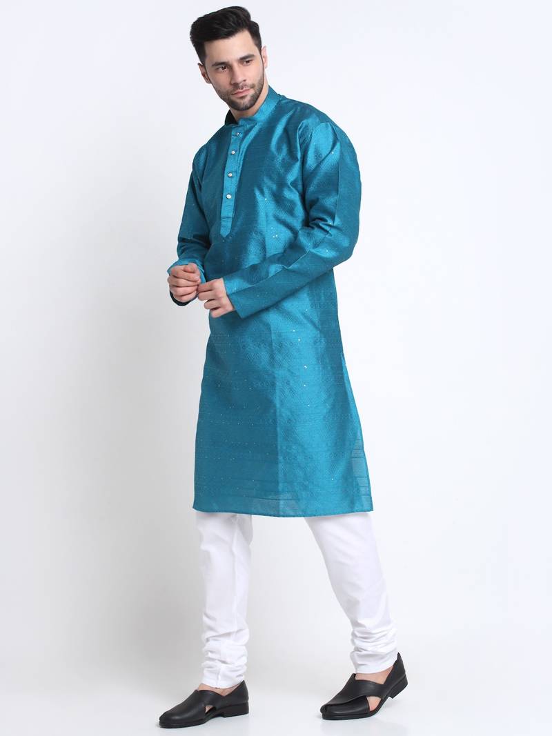 Kraft India Men Blue Silk Jacquard Sequence Kurta Only