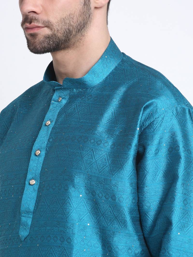 Kraft India Men Blue Silk Jacquard Sequence Kurta Only