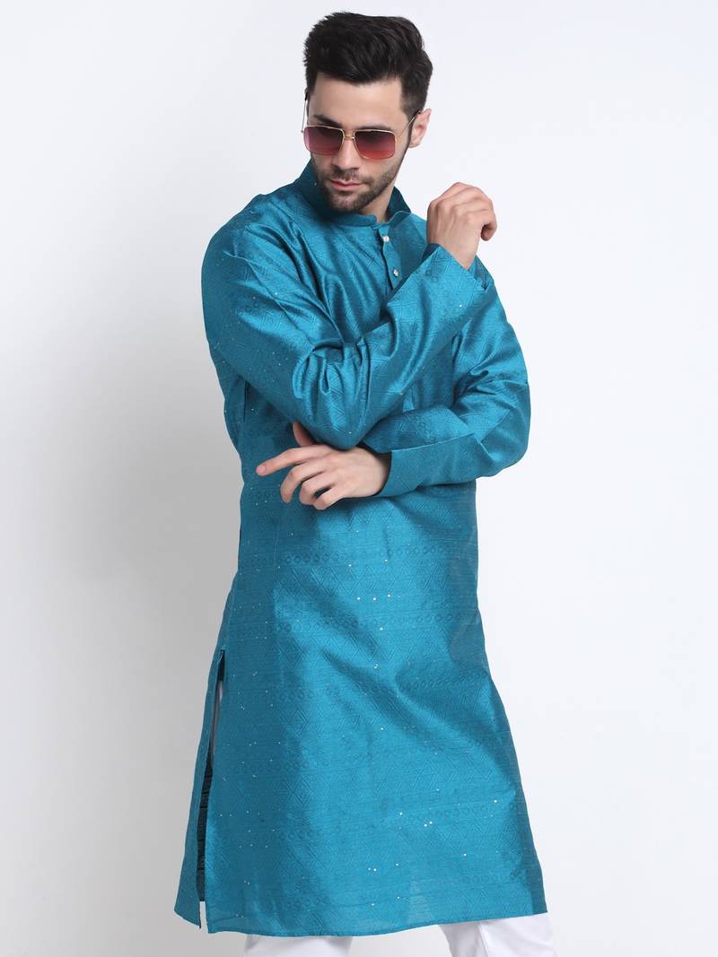 Kraft India Men Blue Silk Jacquard Sequence Kurta Only