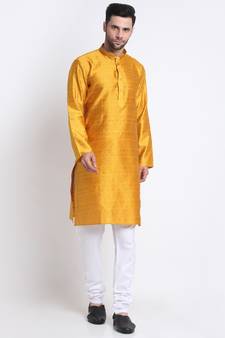 Kraft India Men Mustard Silk Jacquard Sequence Kurta Only