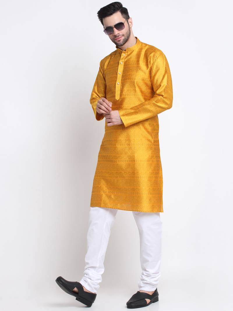 Men Mustard Silk Jacquard Sequence Kurta Only