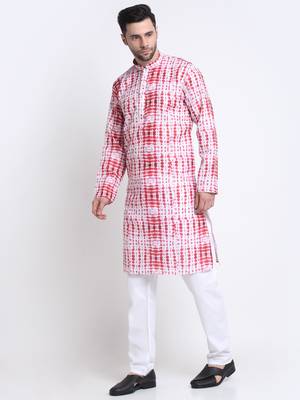 Men Red Cotton Batik Print Kurta Only 3