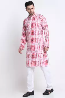Men Red Cotton Batik Print Kurta Only