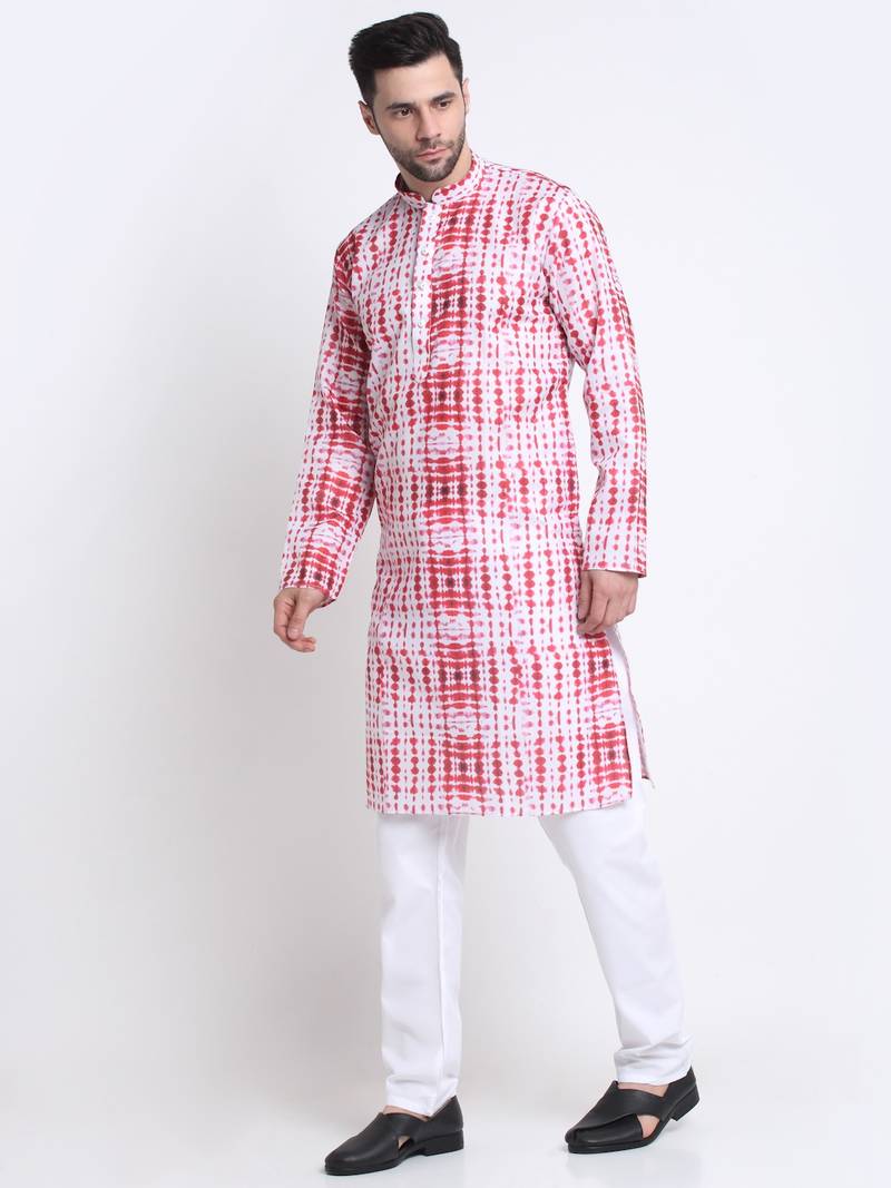 Men Red Cotton Batik Print Kurta Only