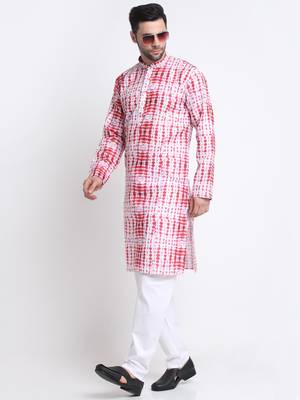Men Red Cotton Batik Print Kurta Only 5