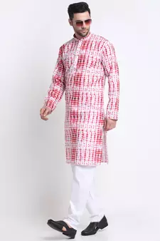 Men Red Cotton Batik Print Kurta Only