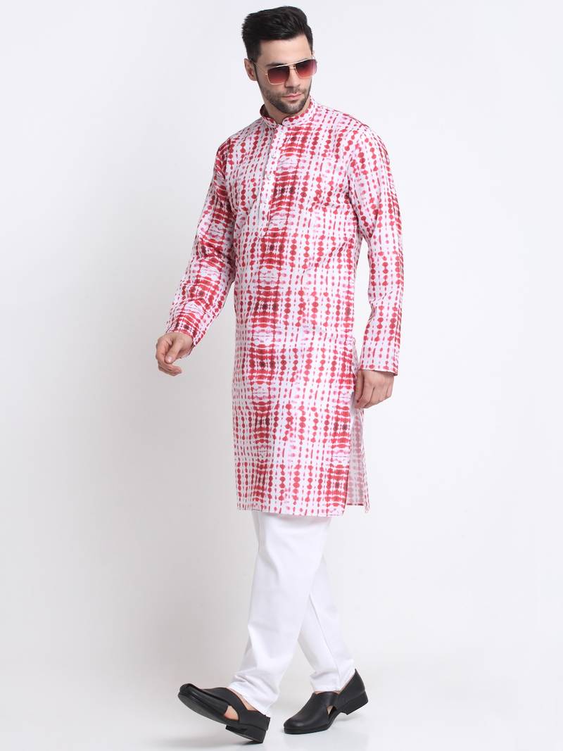 Men Red Cotton Batik Print Kurta Only