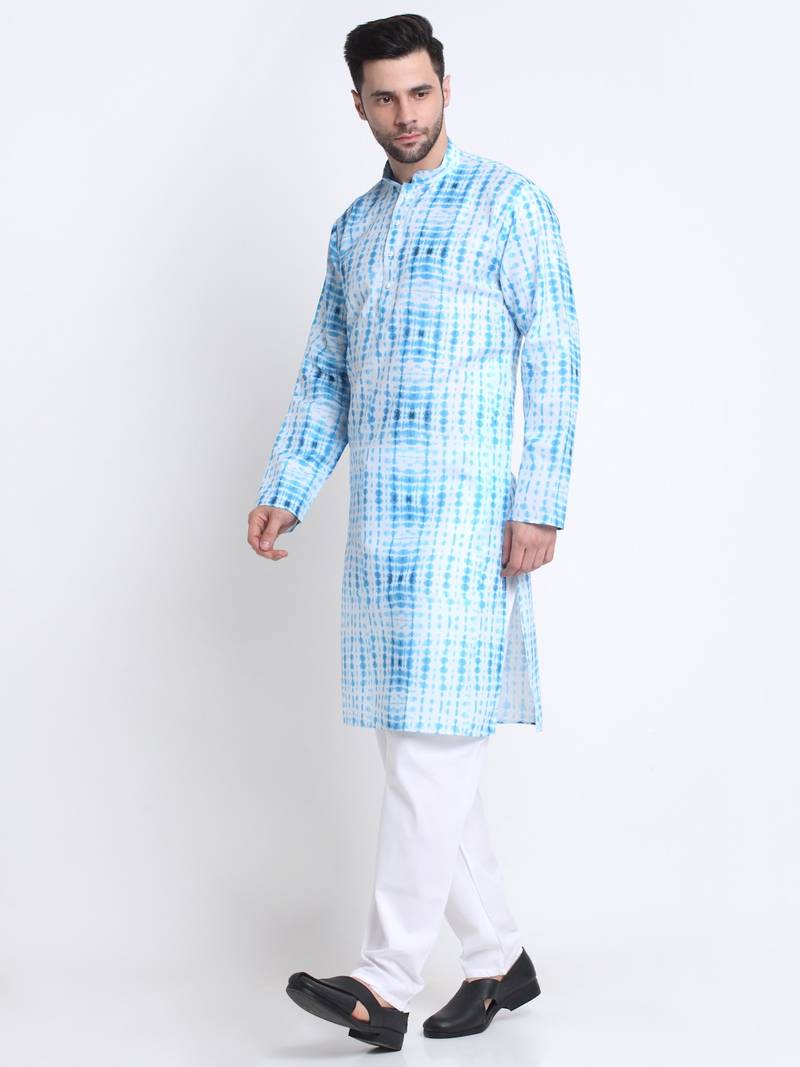 Men Sky Cotton Batik Print Kurta Only