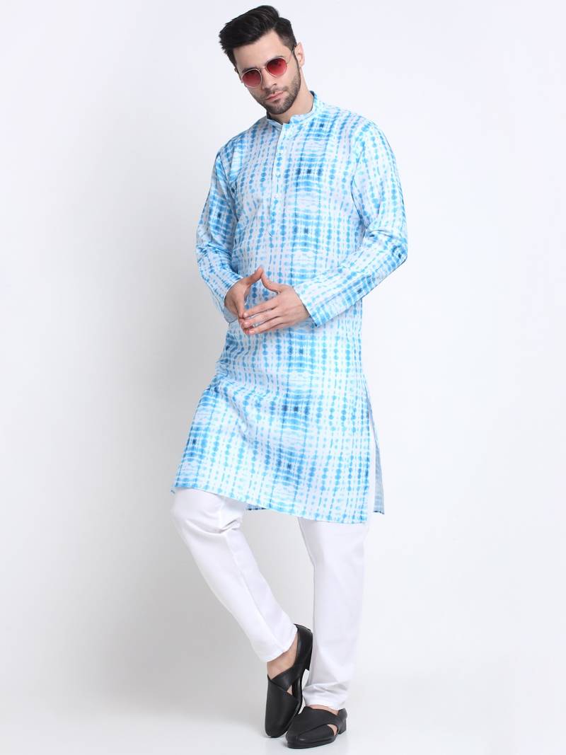 Men Sky Cotton Batik Print Kurta Only
