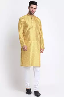 Kraft India Men Mustard Silk Geometric Print Kurta Only