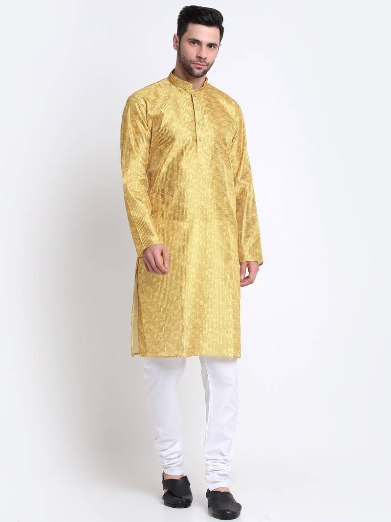 Kraft India Men Mustard Silk Geometric Print Kurta Only