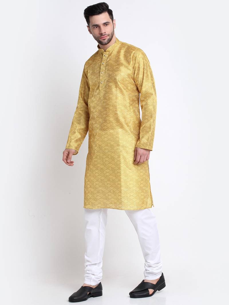 Kraft India Men Mustard Silk Geometric Print Kurta Only