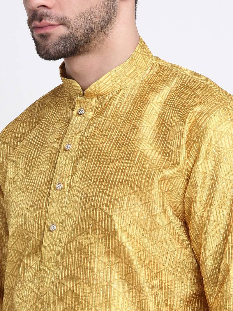 Kraft India Men Mustard Silk Geometric Print Kurta Only