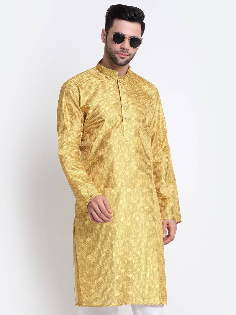 Kraft India Men Mustard Silk Geometric Print Kurta Only