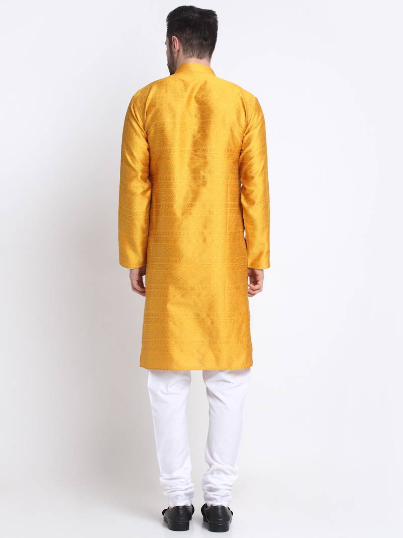 Men Mustard Silk Jacquard Sequence Kurta and Churidar Set