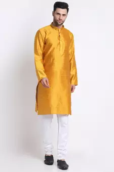 Men Mustard Silk Jacquard Sequence Kurta and Churidar Set