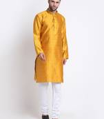 Men Mustard Silk Jacquard Sequence Kurta and Churidar Set
