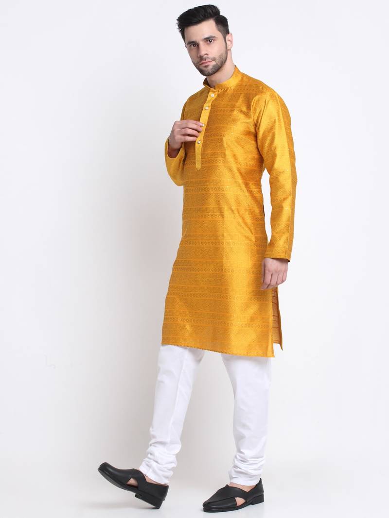 Men Mustard Silk Jacquard Sequence Kurta and Churidar Set