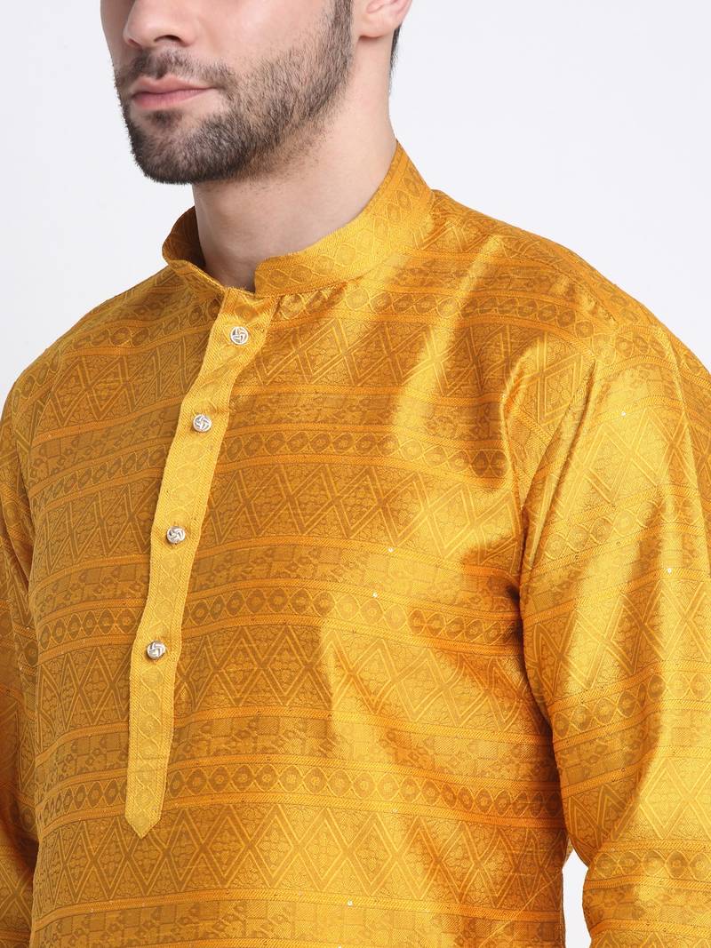 Men Mustard Silk Jacquard Sequence Kurta and Churidar Set