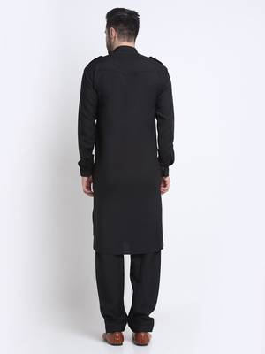 Men Black Cotton Solid Pathani and Salwar Set 2