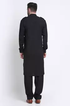 Men Black Cotton Solid Pathani and Salwar Set