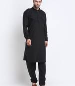 Men Black Cotton Solid Pathani and Salwar Set