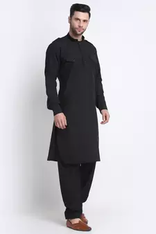 Men Black Cotton Solid Pathani and Salwar Set