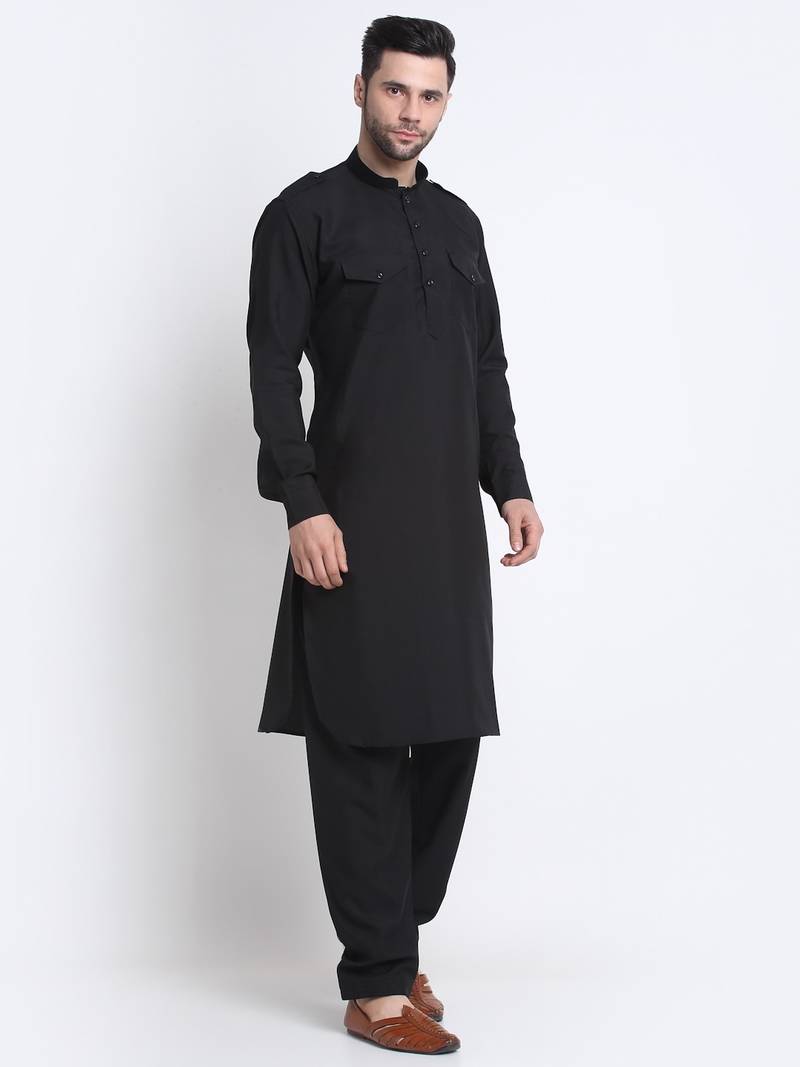 Men Black Cotton Solid Pathani and Salwar Set