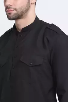 Men Black Cotton Solid Pathani and Salwar Set