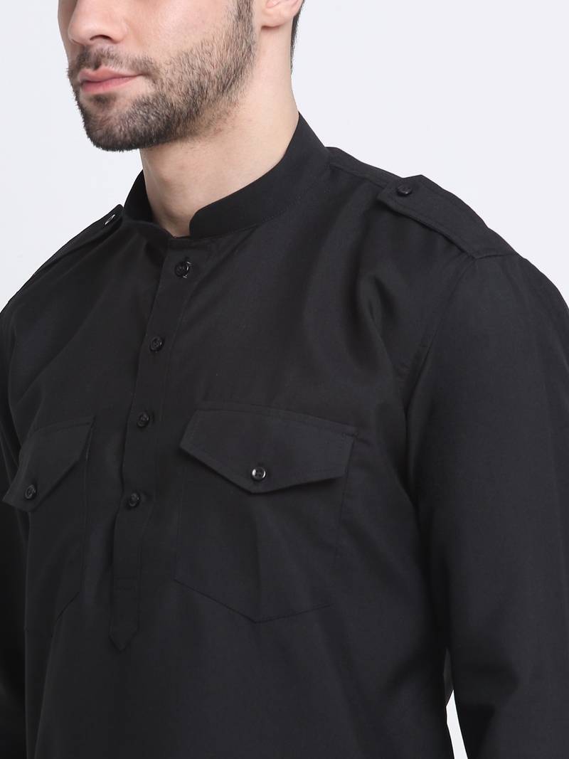 Men Black Cotton Solid Pathani and Salwar Set