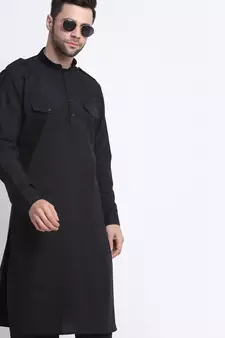 Men Black Cotton Solid Pathani and Salwar Set