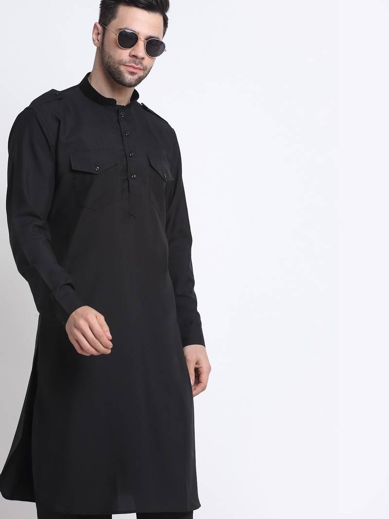 Men Black Cotton Solid Pathani and Salwar Set