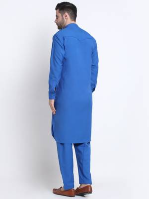 Men Blue Cotton Solid Pathani and Salwar Set 3
