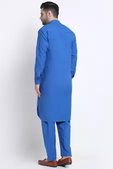 Men Blue Cotton Solid Pathani and Salwar Set