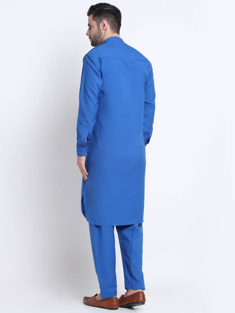 Men Blue Cotton Solid Pathani and Salwar Set